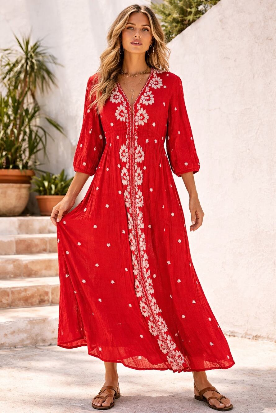 Free People Red Embroidered Boho Maxi Dress XS Floral Festival Peasant